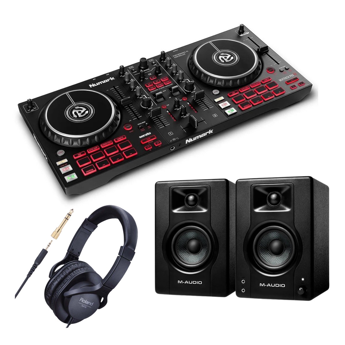 Numark Mixtrack Pro FX M-Audio B Speakers Roland RH-5 Headphones